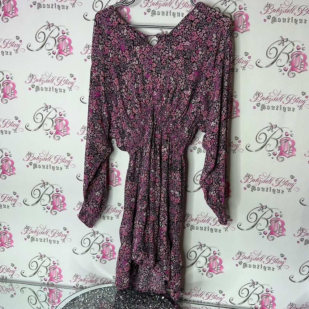 Floral Pink Dress long sleeve flowers tie up ribbon bow back stunning sundress